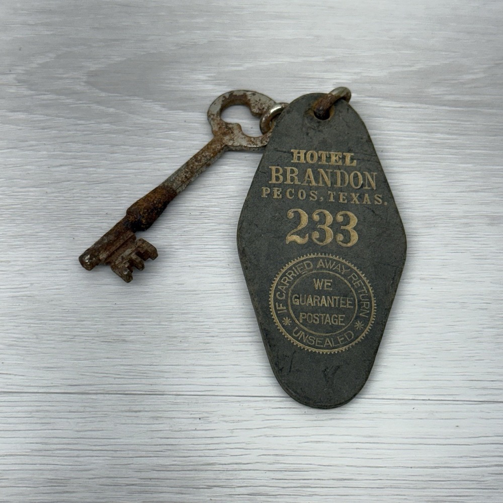 Vintage HOTEL BRANDON Room Key Skeleton Key Room 233 Pecos Texas Fob